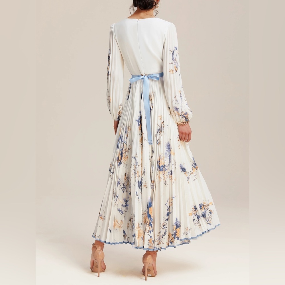 Fehaute Pleated Floral Chiffon V Neck Long Balloon Sleeve A-Line Maxi Dress - Picture 3 of 16